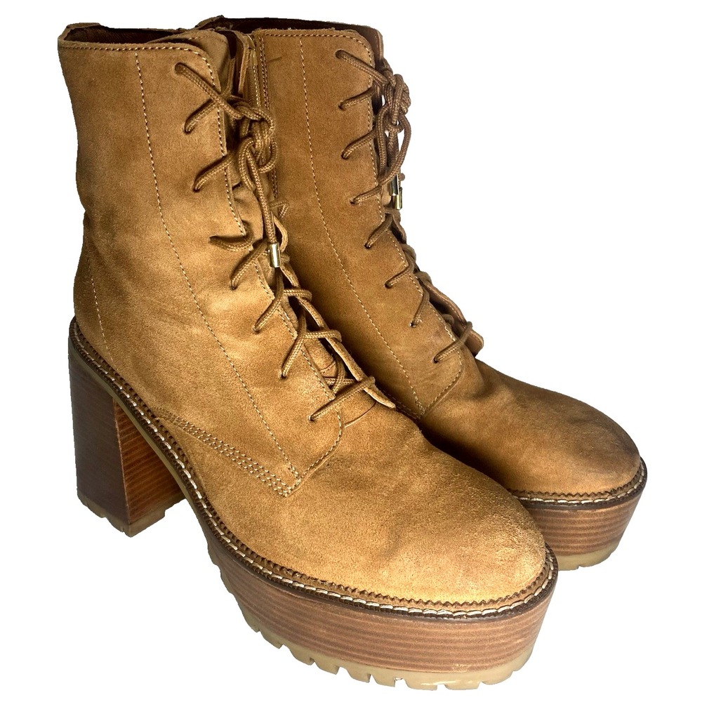 Free People High Point Platform Boots Tan‎ Suede Lace-Up Chunky Heel EU 40 US 10